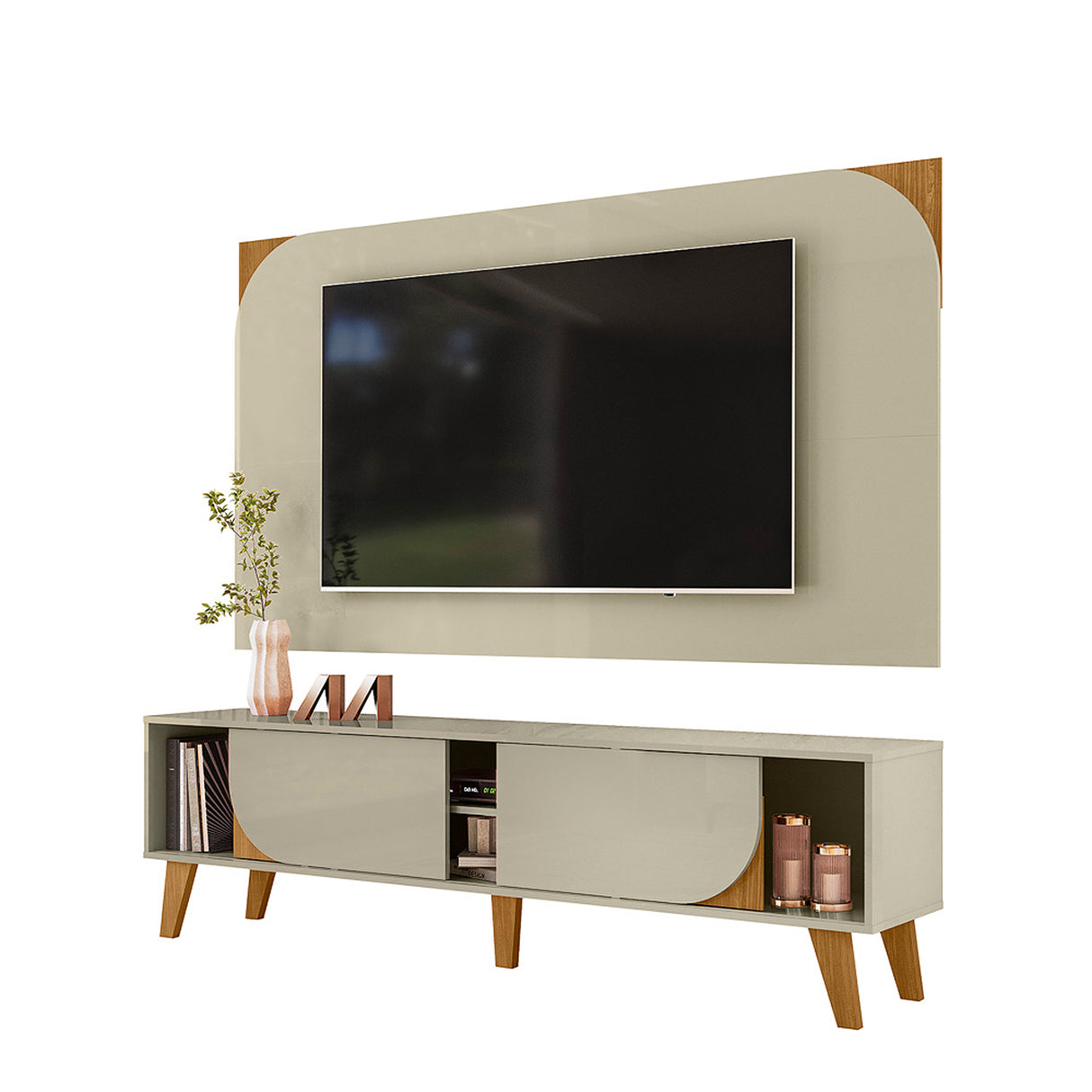Combo Mueble y Panel de TV Juna Almendra y Blanco 182x98.5cm para TV Hasta 65" Pulgadas con Dos Compartimientos y con Dos Cajones