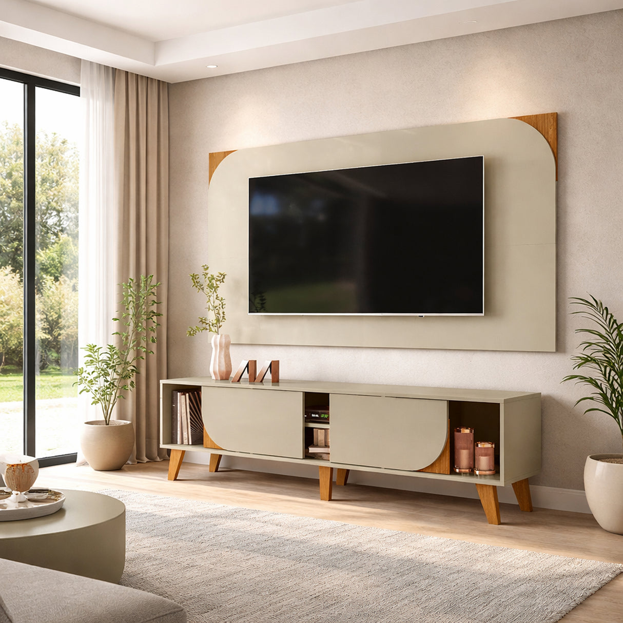 Combo Mueble y Panel de TV Juna Almendra y Blanco 182x98.5cm para TV Hasta 65" Pulgadas con Dos Compartimientos y con Dos Cajones