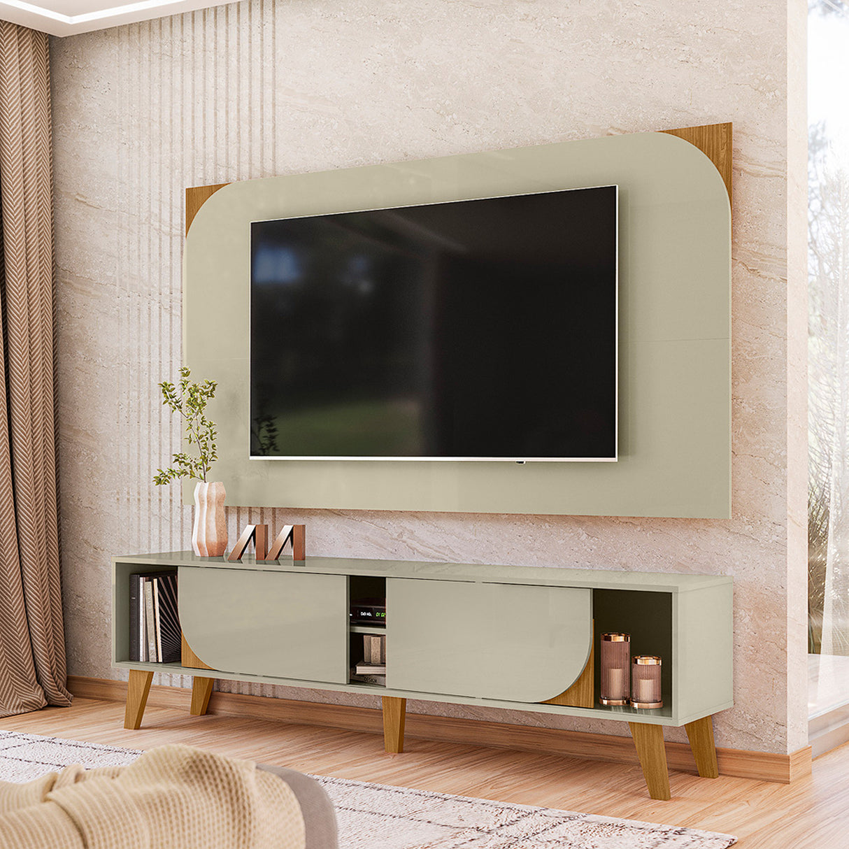 Combo Mueble y Panel de TV Juna Almendra y Blanco 182x98.5cm para TV Hasta 65" Pulgadas con Dos Compartimientos y con Dos Cajones