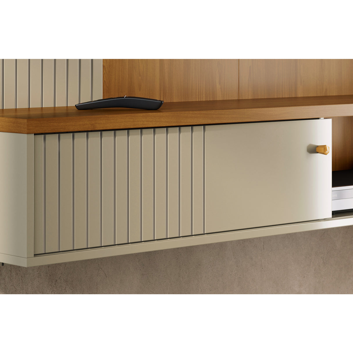 Panel de TV Aura Almendra y Blanco 160.5x162cm para TV Hasta 65" Pulgadas con Dos Compartimientos