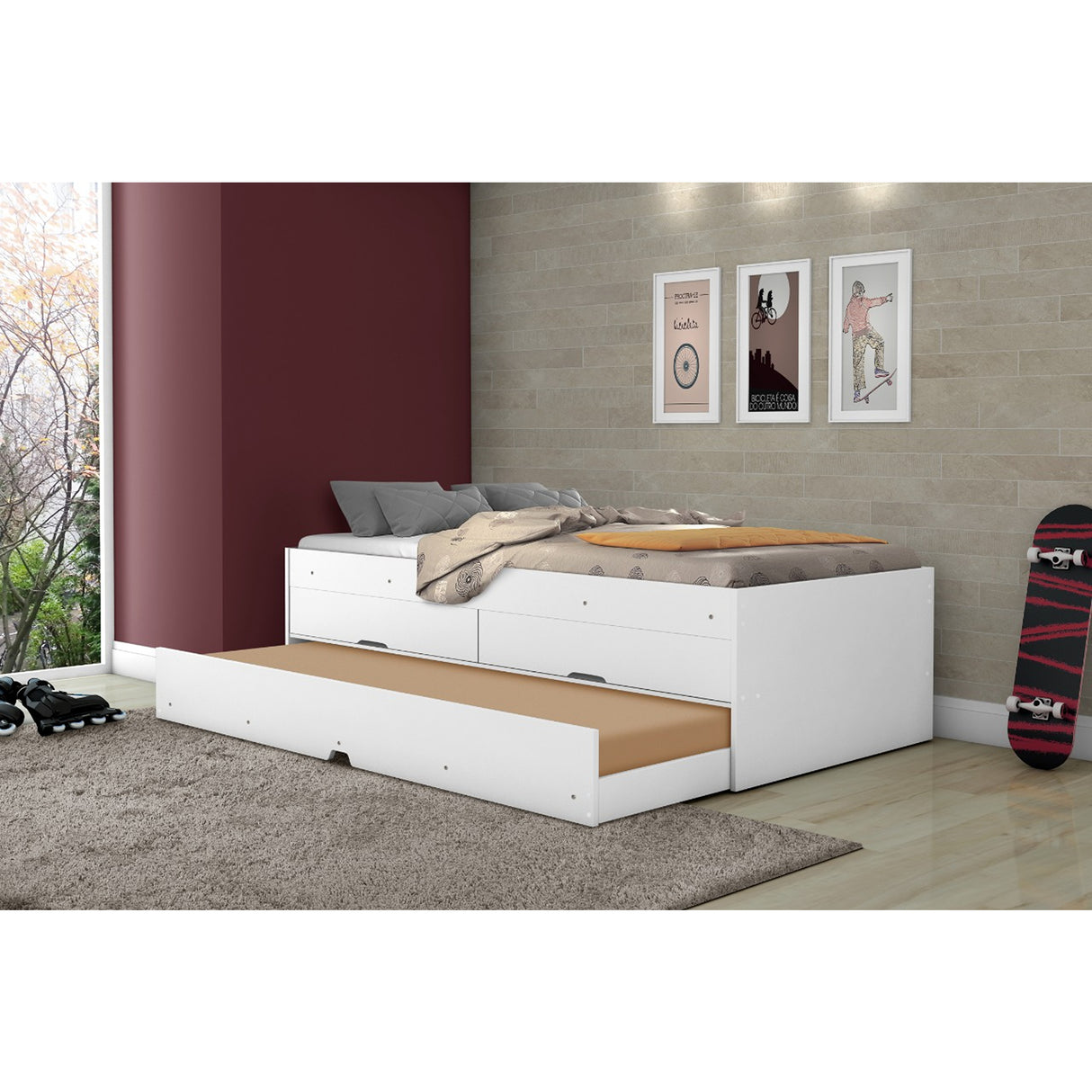 Cama Mar Blanco 95x60cm para Colchon Sencillo 90 X 190 Cm con Cabecero y con Almacenamiento