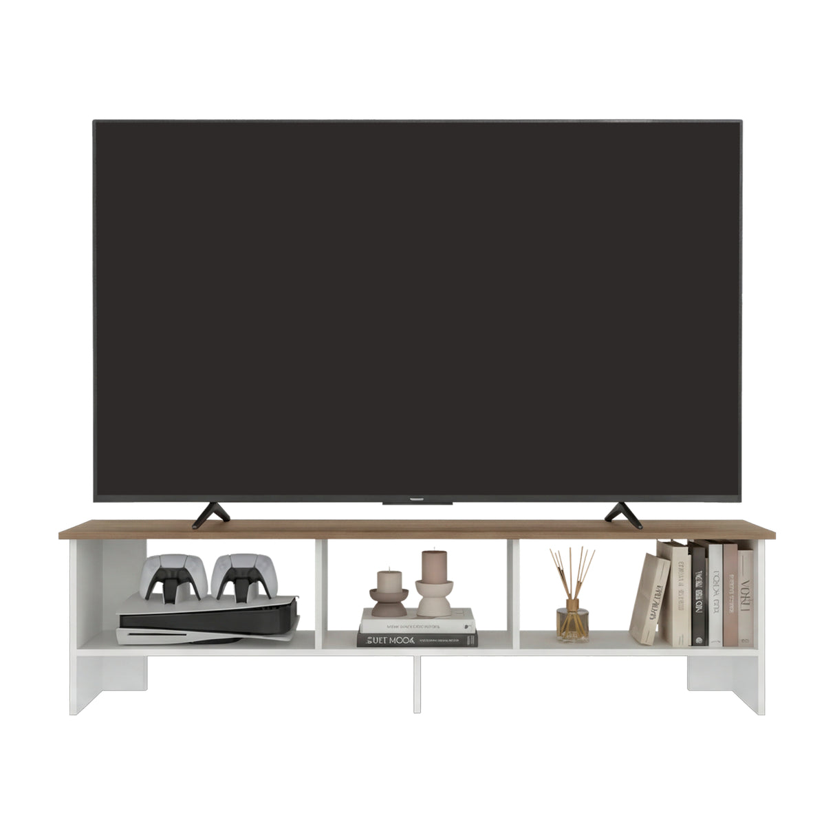 Rack de TV Belga Blanco y Fresno Europeo 160x41.8cm para TV Hasta 65" Pulgadas con Tres Compartimientos