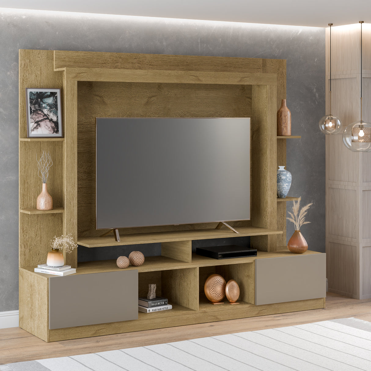 Centro de Entretenimiento Berlin Castaño 213x171cm para TV Hasta 60" Pulgadas con Cuatro Compartimientos