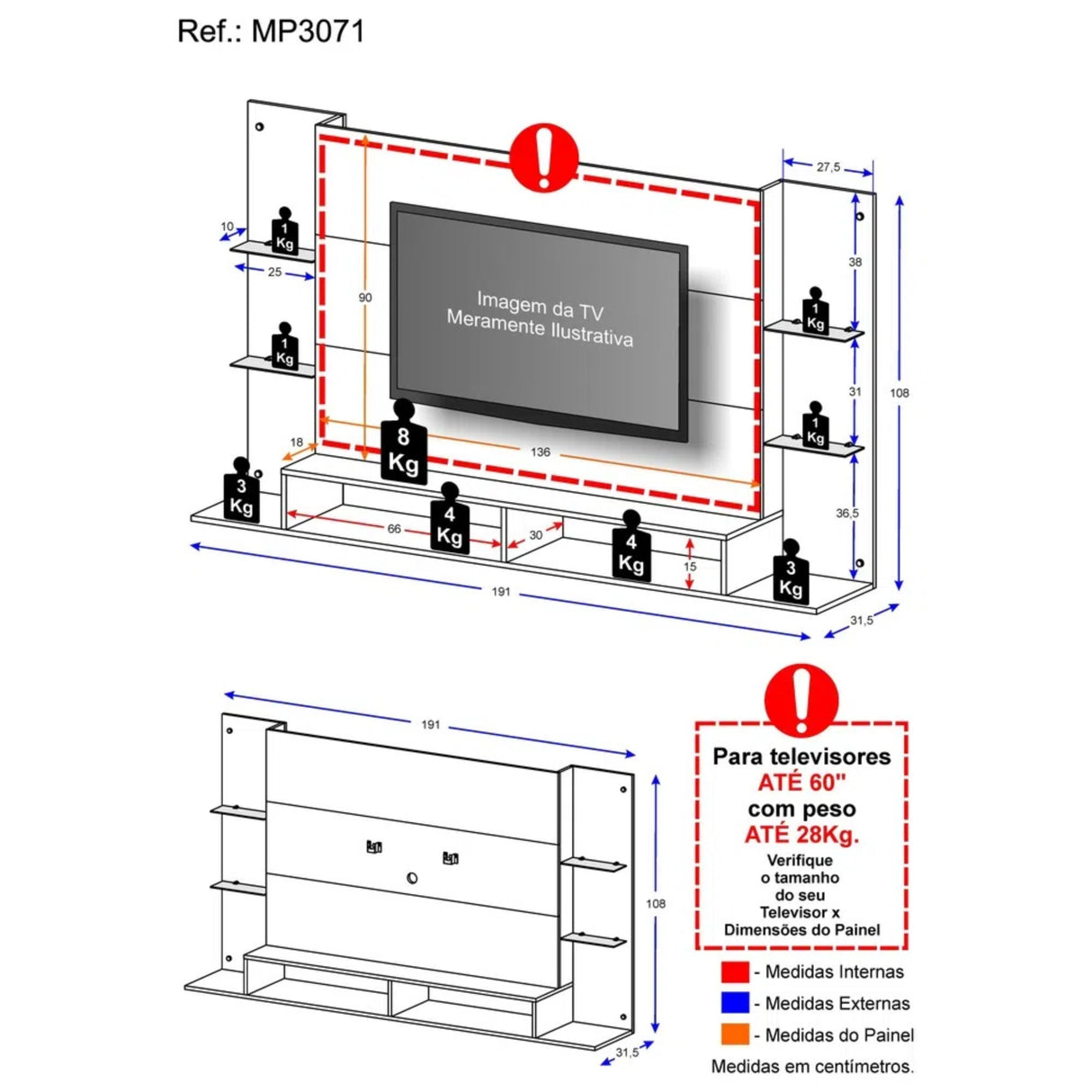 Panel de TV Braga Negro 191x108cm para TV Hasta 55" Pulgadas con Dos Compartimientos