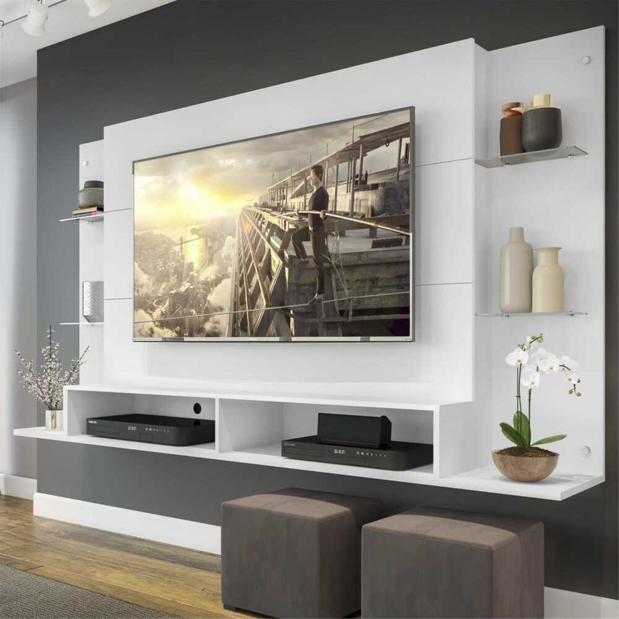 Panel de TV Braga Blanco 191x108cm para TV Hasta 55" Pulgadas con Dos Compartimientos