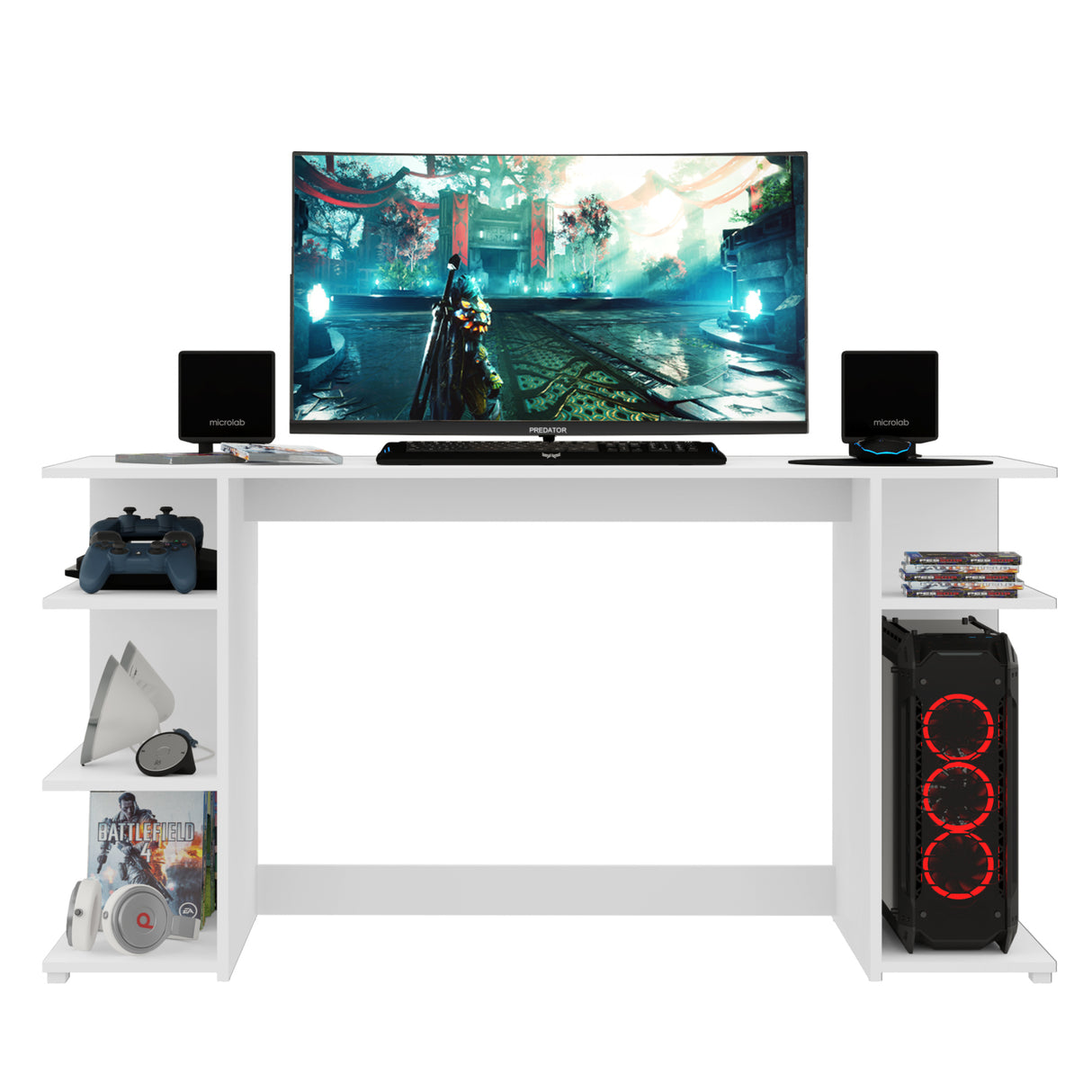Escritorio Gamer Blanco 136x74cm con Organizador de Libros