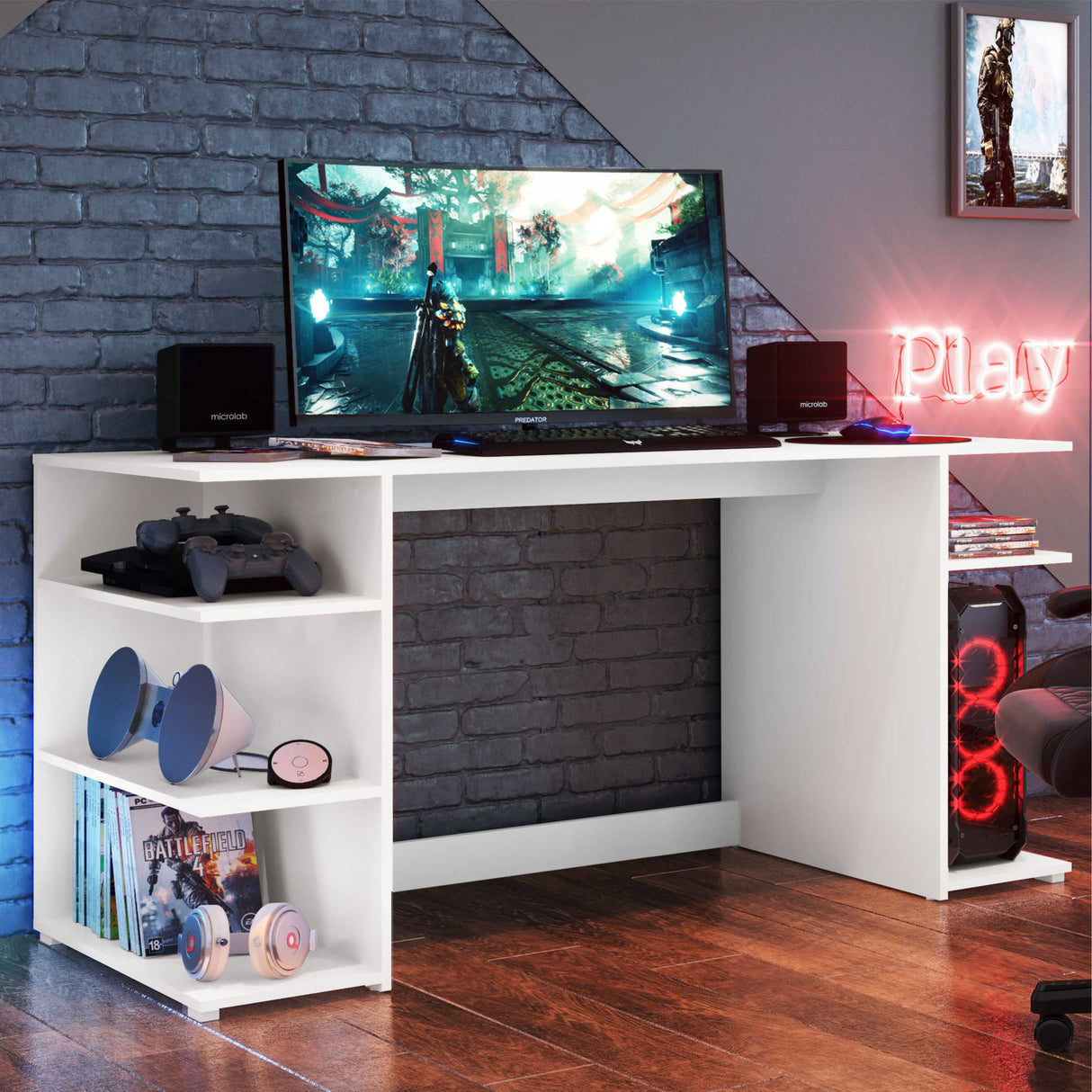 Escritorio Gamer Blanco 136x74cm con Organizador de Libros