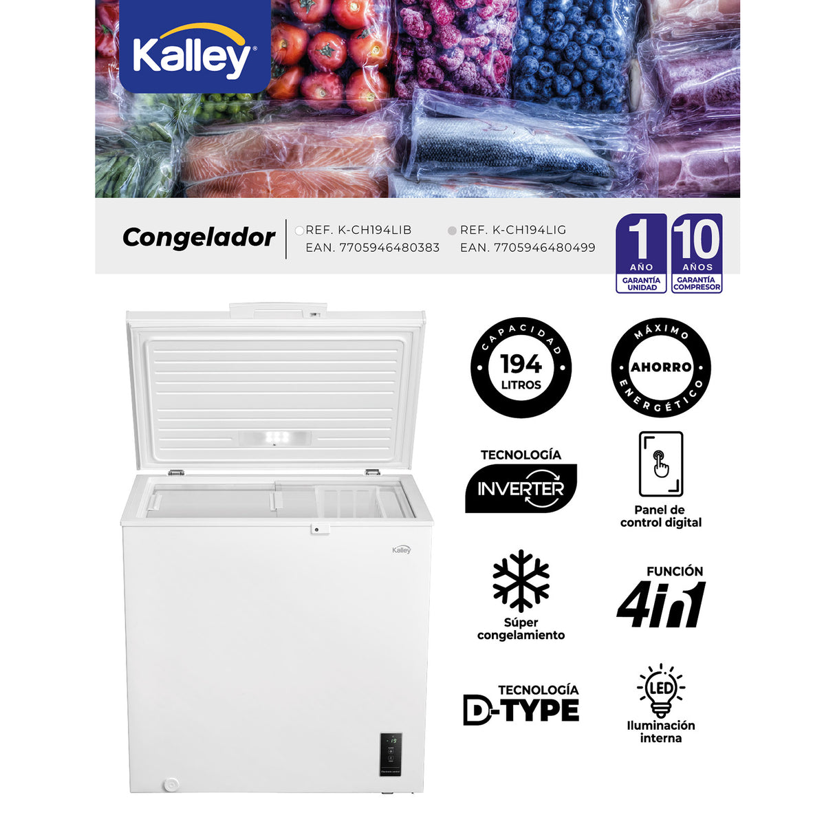 Congelador Kalley Inverter Dual Blanco 55x85cm de 194 Litros con Iluminación Interna