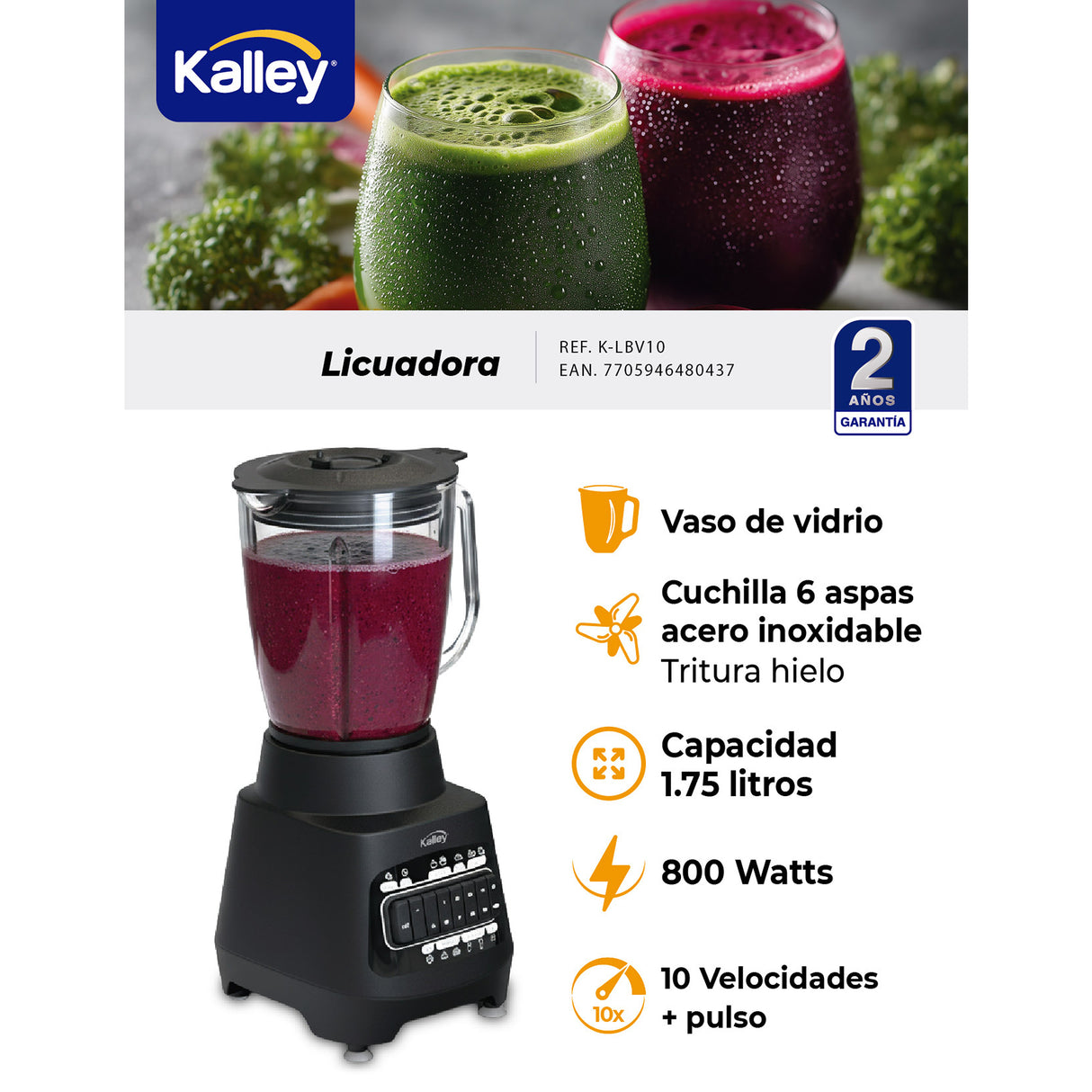 Licuadora Kalley Negro 19.5x40.5cm de Seis Aspas para 1.75 Litros con Diez Velocidades