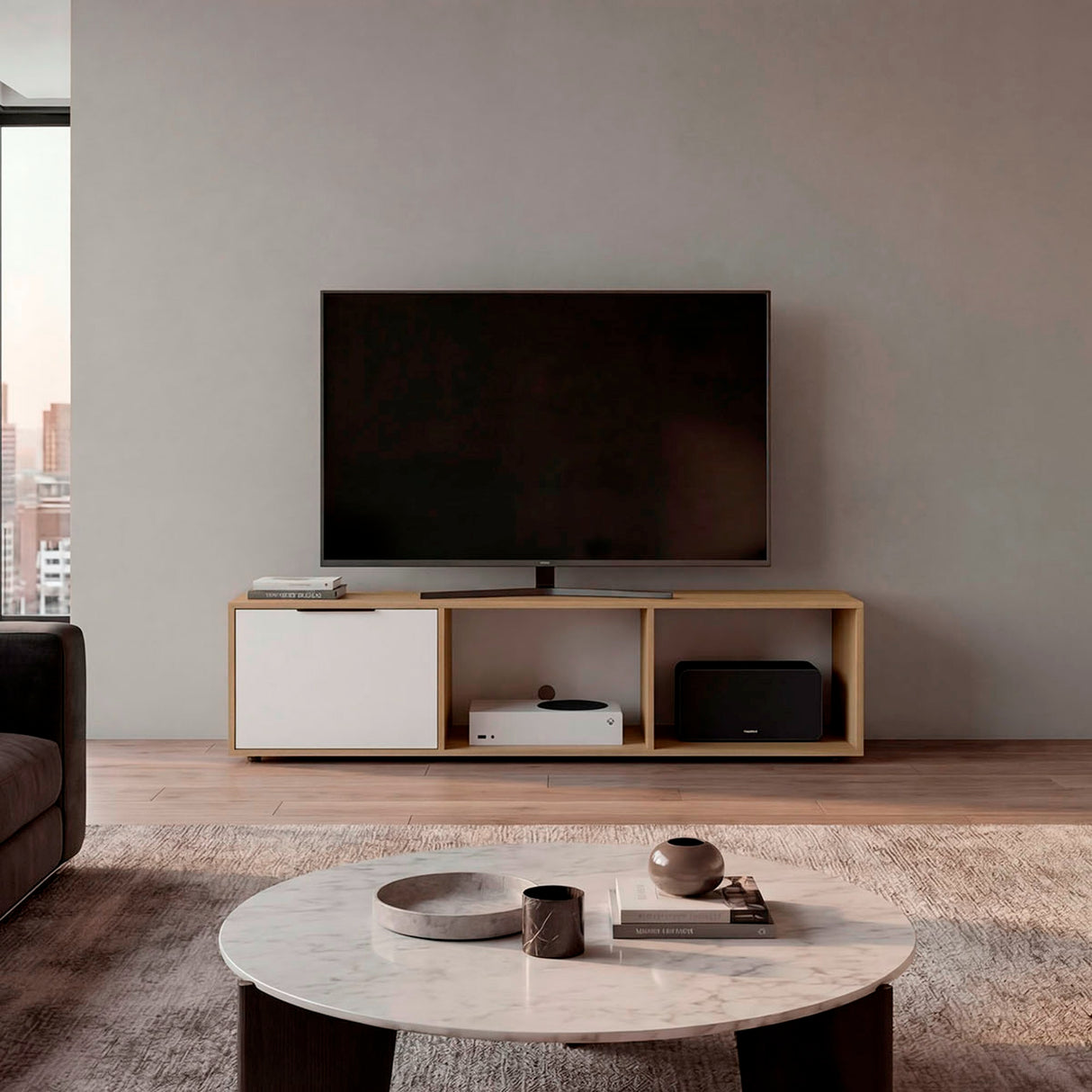 Rack de TV Dorne Fresno Europeo y Blanco 162x41.1cm para TV Hasta 65" Pulgadas con Dos Compartimientos y con Ranura para Cables