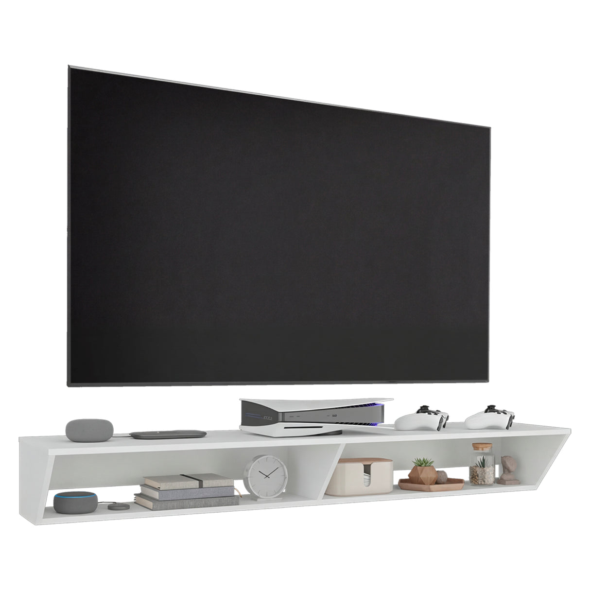 Rack de TV Russel Blanco 160x18.1cm Flotante para TV Hasta 65" Pulgadas con Dos Compartimientos y con Ranura para Cables