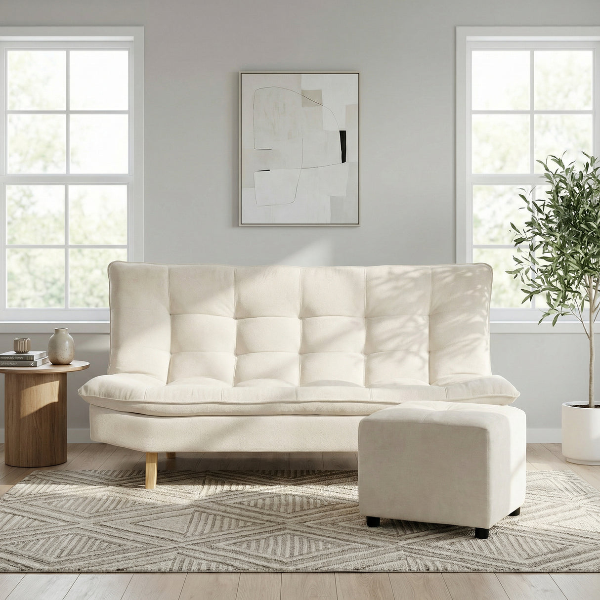 Combo Sofá Cama y Puff Bilbao Marfil 120x93cm de Tres Puestos Reclinable Antifluido sin Apoya Brazos