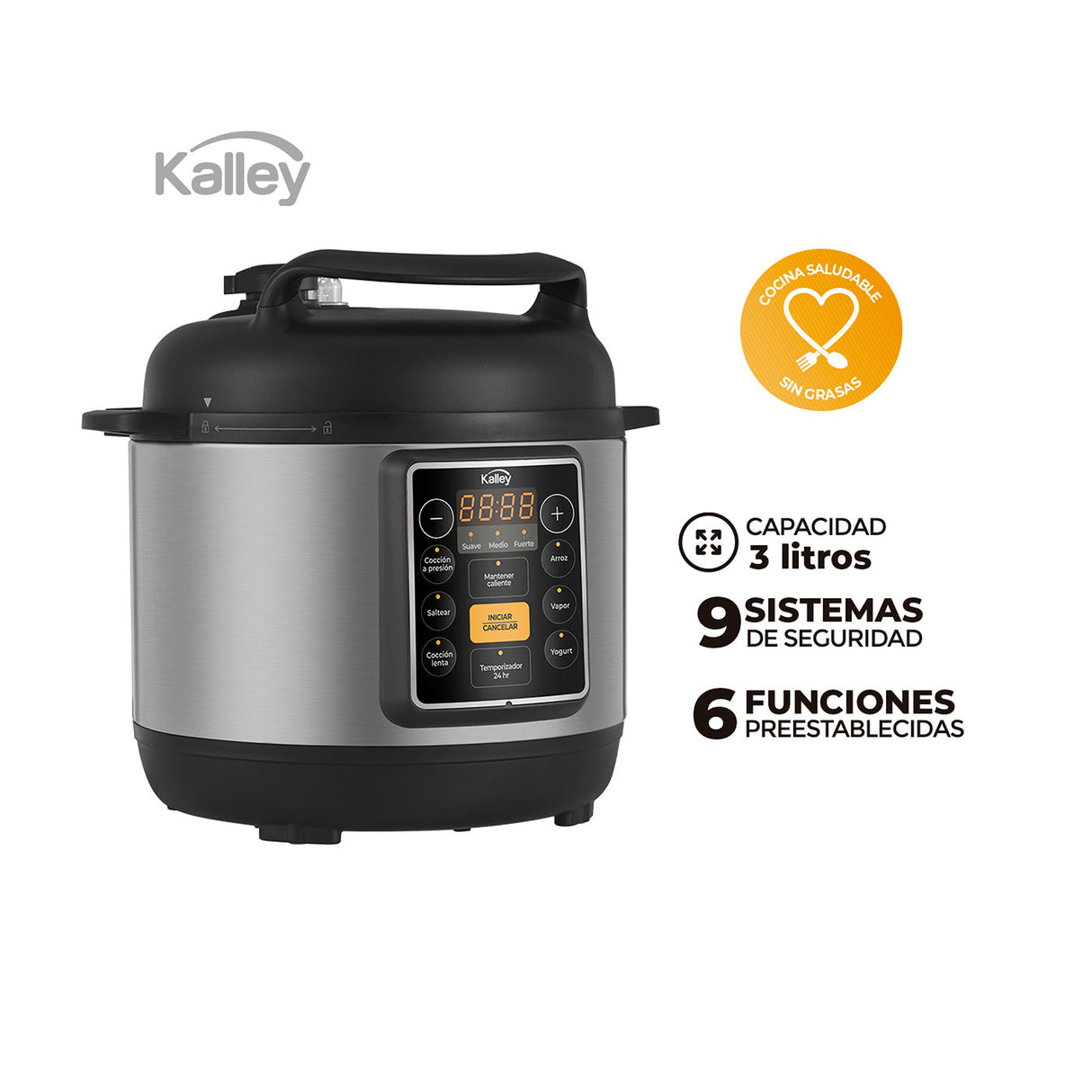 Olla Multifuncional Plateado 27.8x26.6cm de 3 Litros con Seis Funciones Preconfiguradas y con Temporizador