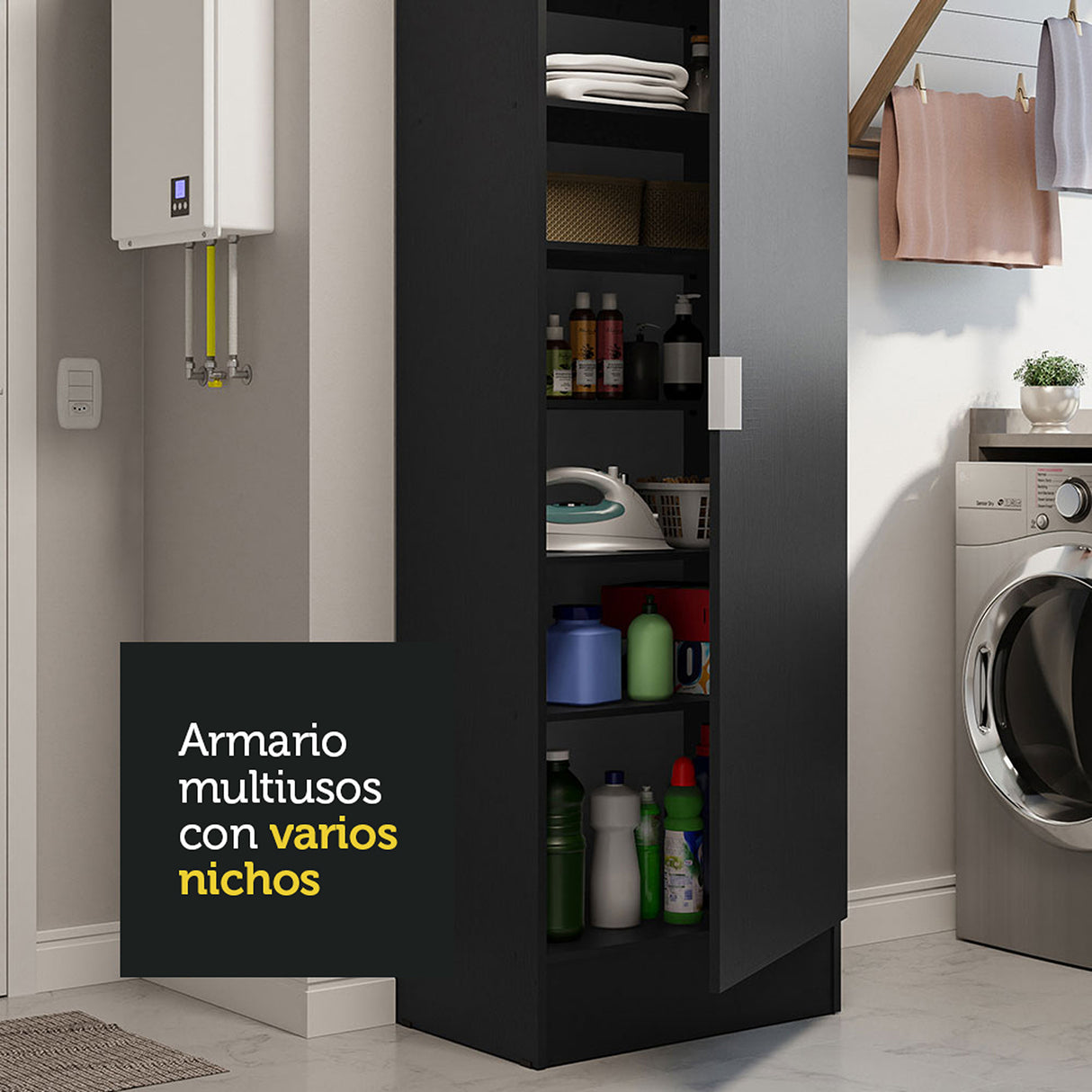 Mueble Multiusos para Aseo Negro 60x182cm con Puerta y con Siete Compartimientos