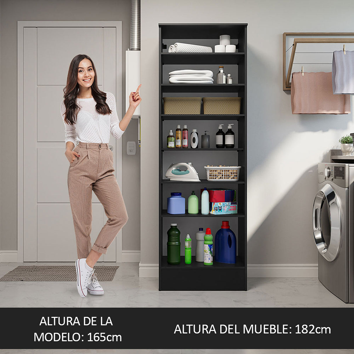 Mueble Multiusos para Aseo Negro 60x182cm con Puerta y con Siete Compartimientos