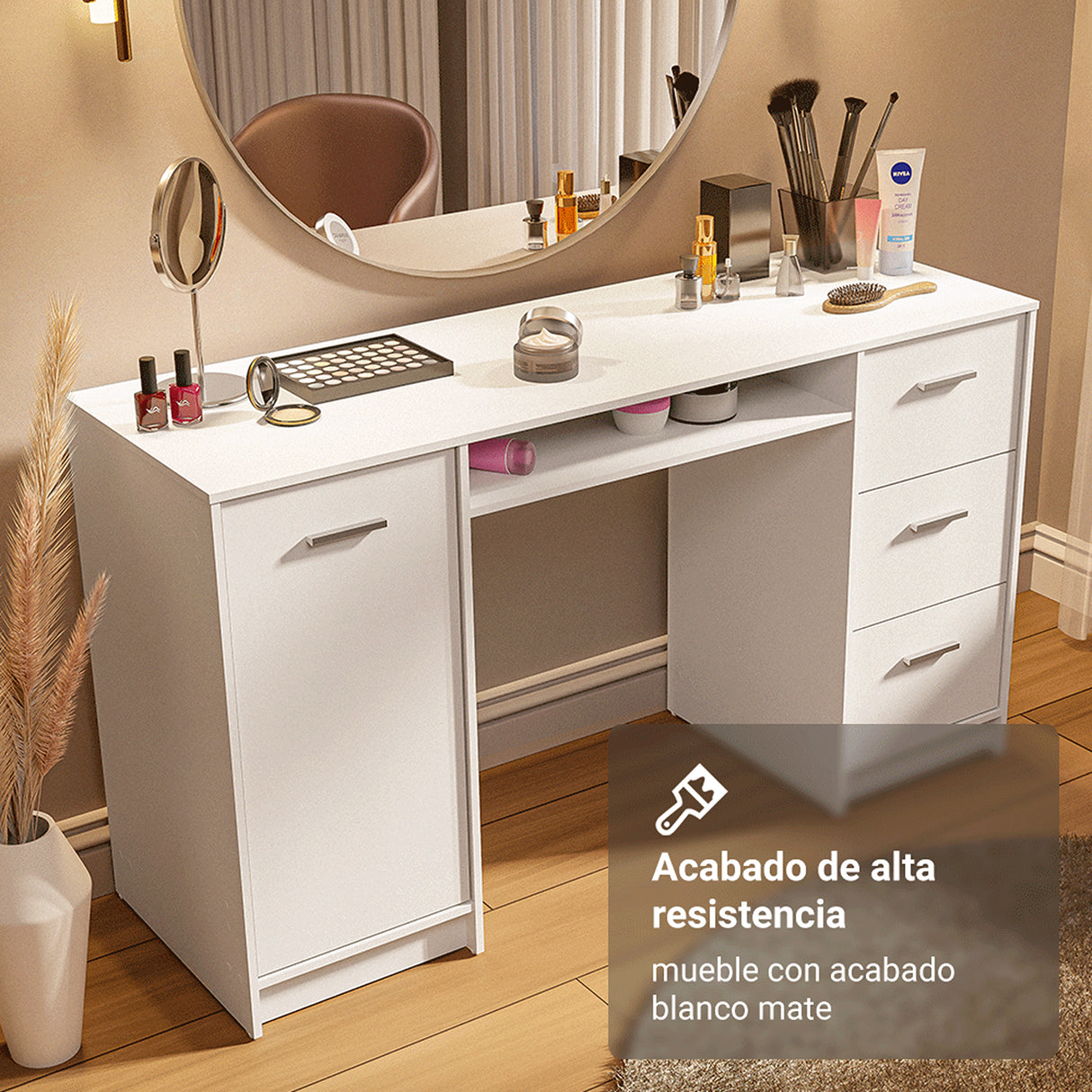 Tocador Blanco 136x77cm de Un Puesto con Tres Cajones