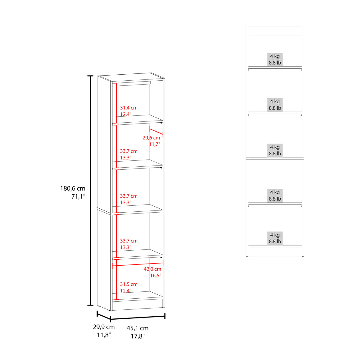 Estantería E-M2 Cartagena y Wengue 45x180.6cm con Cinco Compartimientos y con Tres Entrepaños