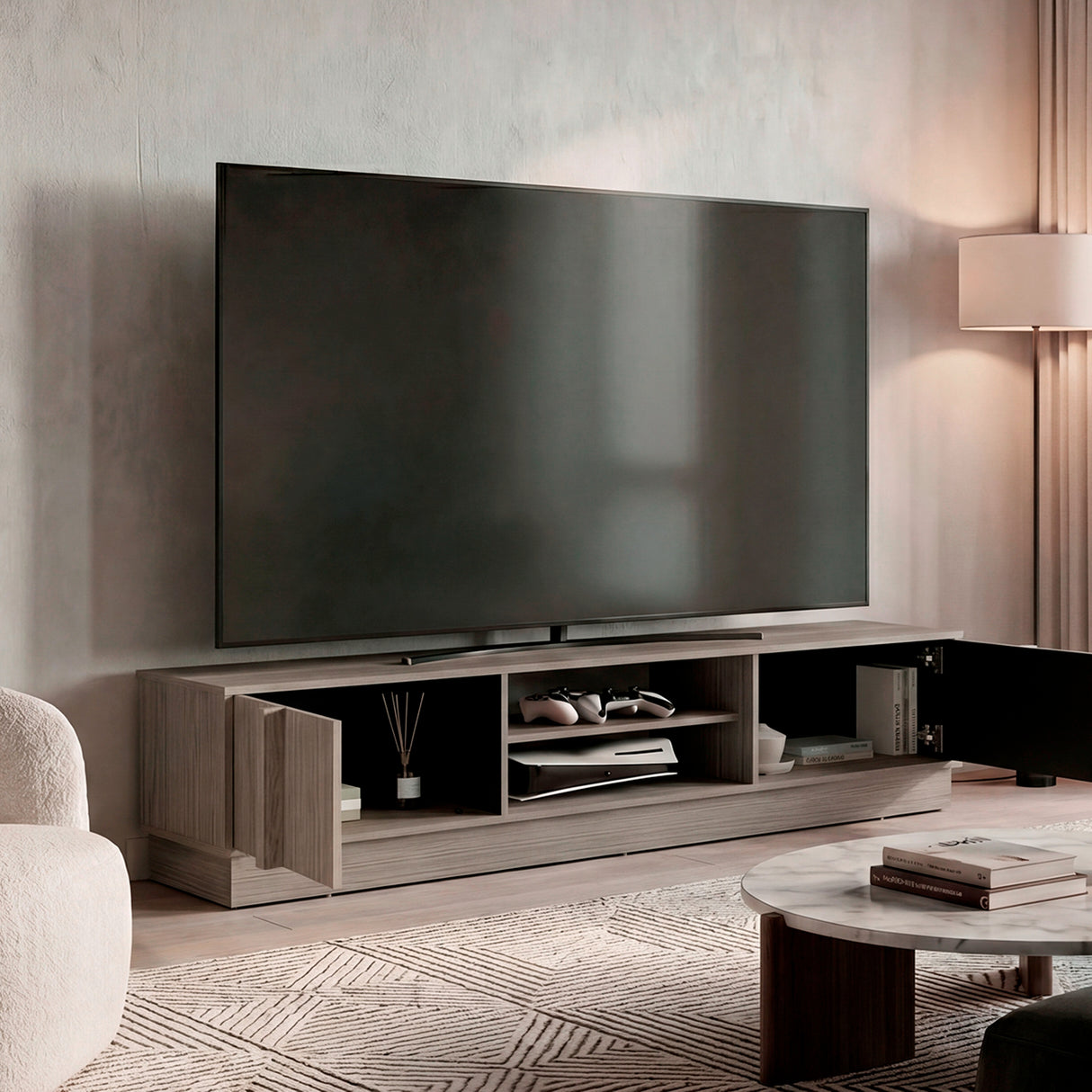 Rack de TV Caoba Gris Positano y Wengue 180.2x42.1cm para TV Hasta 75" Pulgadas con Dos Compartimientos