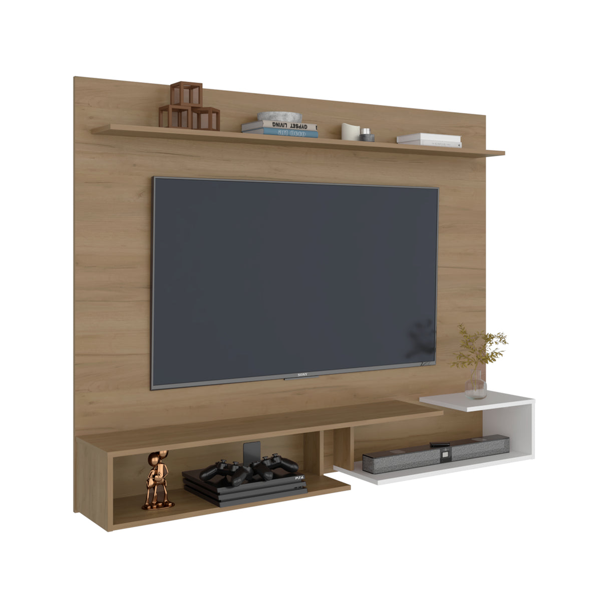 Panel de TV Desa Fresno y Blanco 164.2x128cm Flotante para TV Hasta 65" Pulgadas con Dos Compartimientos