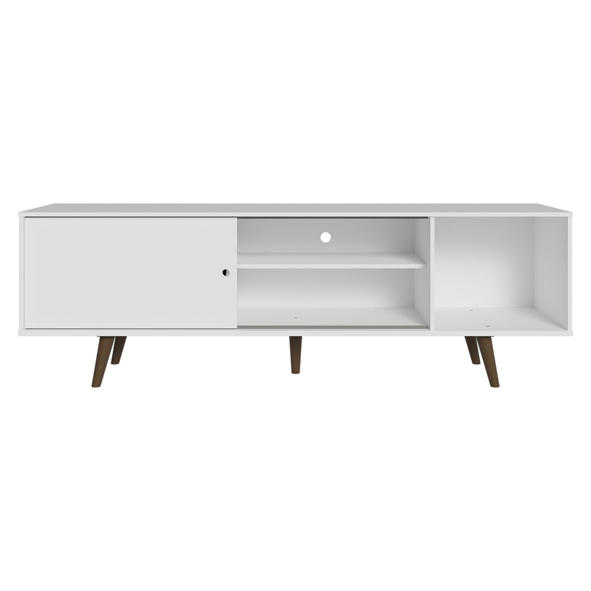 Centro de Entretenimiento Dubai Blanco 160x53cm para TV Hasta 65" Pulgadas con Cuatro Compartimientos y con Patas Marrón