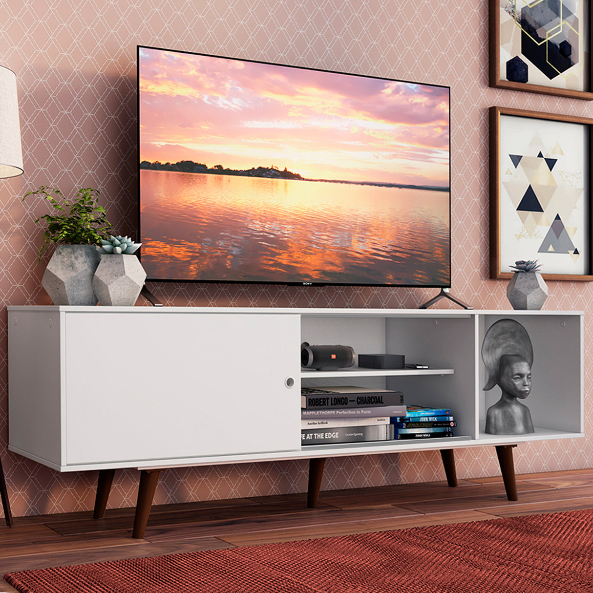 Centro de Entretenimiento Dubai Blanco 160x53cm para TV Hasta 65" Pulgadas con Cuatro Compartimientos y con Patas Marrón