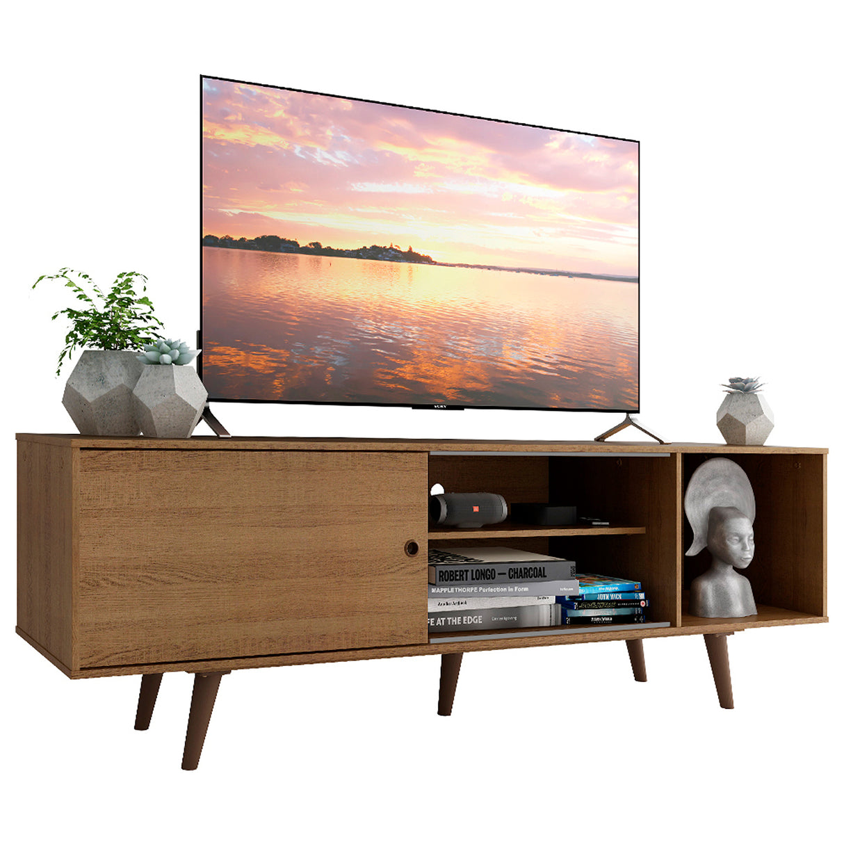 Centro de Entretenimiento Dubai Marrón 160x53cm para TV Hasta 65" Pulgadas con Cuatro Compartimientos