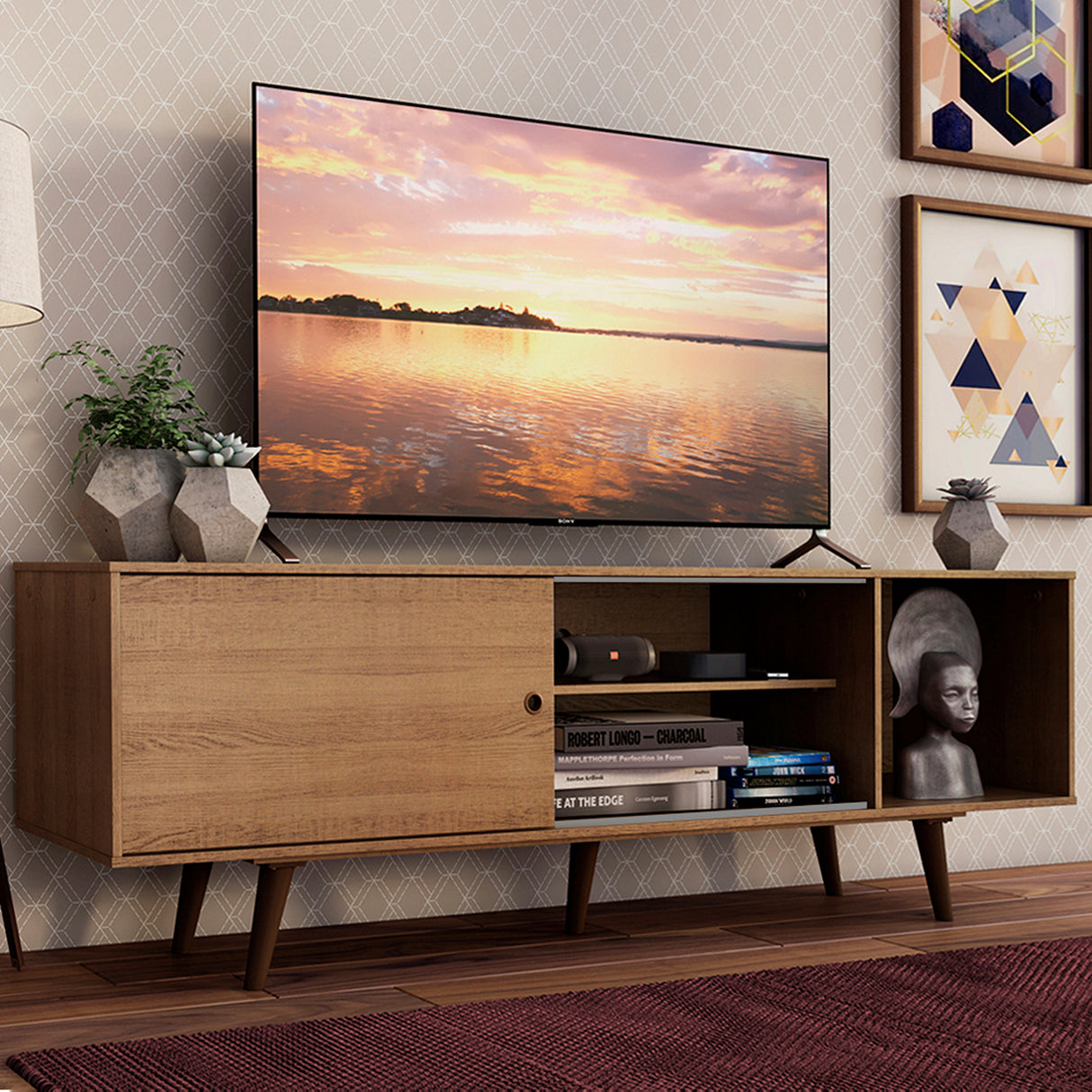 Centro de Entretenimiento Dubai Marrón 160x53cm para TV Hasta 65" Pulgadas con Cuatro Compartimientos