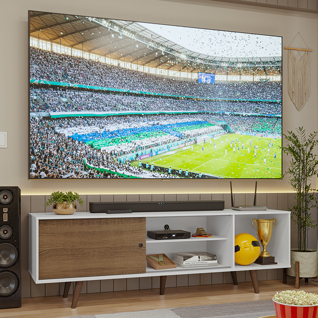 Centro de Entretenimiento Torino Blanco y Marrón 160x53cm para TV Hasta 65" Pulgadas con Cuatro Compartimientos
