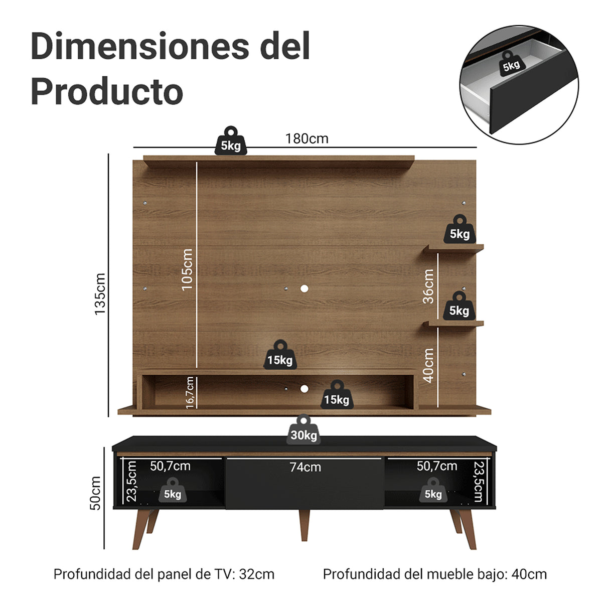 Centro de Entretenimiento Reims Marrón y Negro 180x50cm para TV Hasta 60" Pulgadas con Seis Compartimientos