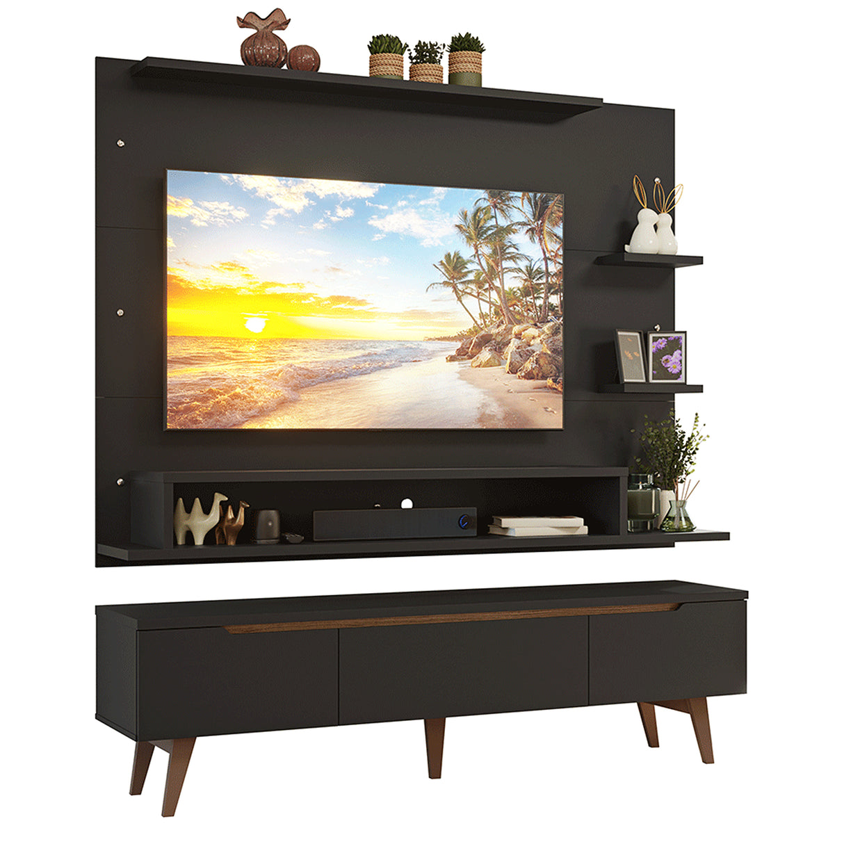 Centro de Entretenimiento Reims Negro y Marrón 180x50cm para TV Hasta 60" Pulgadas con Seis Compartimientos