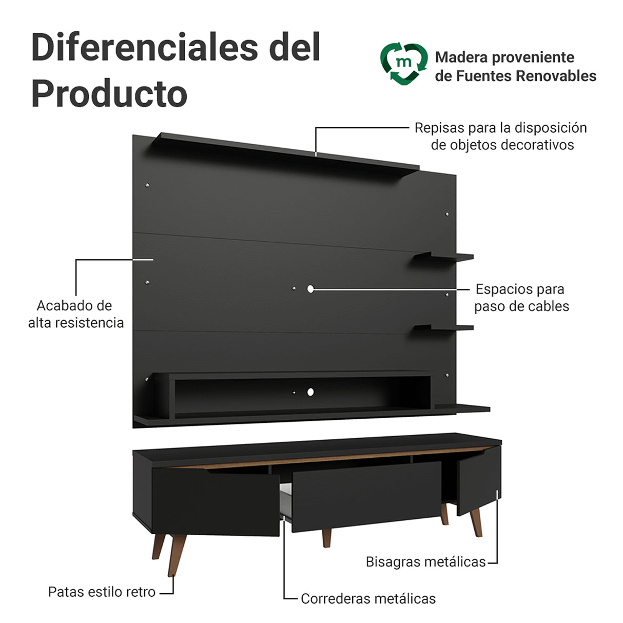 Centro de Entretenimiento Reims Negro y Marrón 180x50cm para TV Hasta 60" Pulgadas con Seis Compartimientos