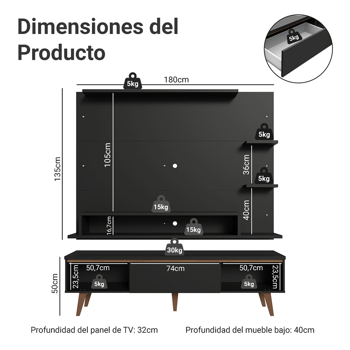 Centro de Entretenimiento Reims Negro y Marrón 180x50cm para TV Hasta 60" Pulgadas con Seis Compartimientos