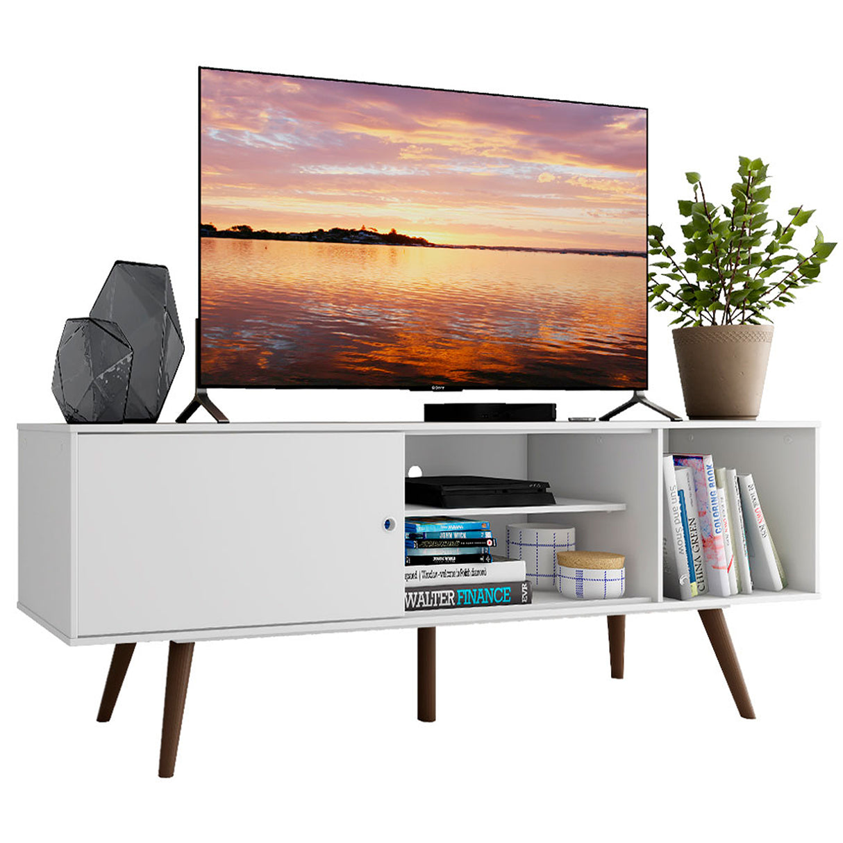 Centro de Entretenimiento Cairo Blanco y Marrón 160x58cm para TV Hasta 65" Pulgadas con Cuatro Compartimientos