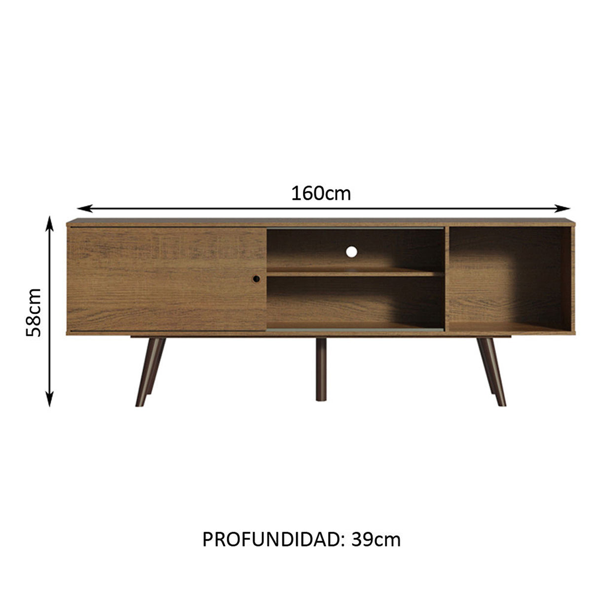 Centro de Entretenimiento Cairo Marrón 160x58cm para TV Hasta 65" Pulgadas con Cuatro Compartimientos