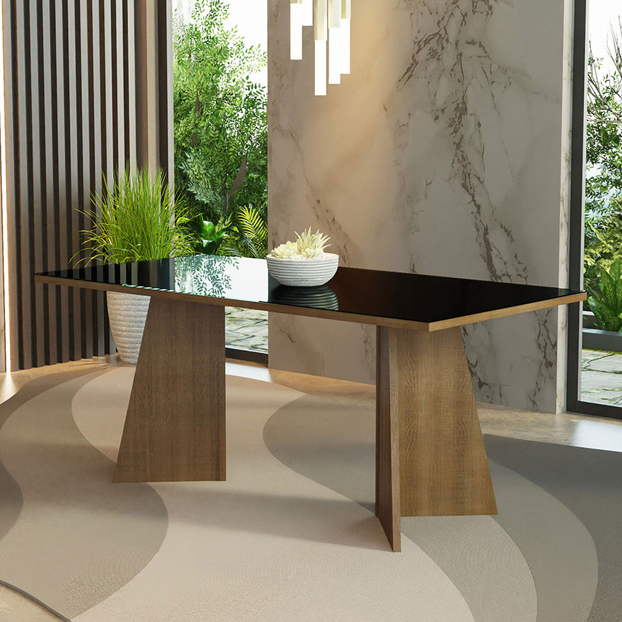 Mesa de Comedor Marrón y Negro 180x78cm Rectangular de Ocho Puestos sin Sillas y con Vidrio