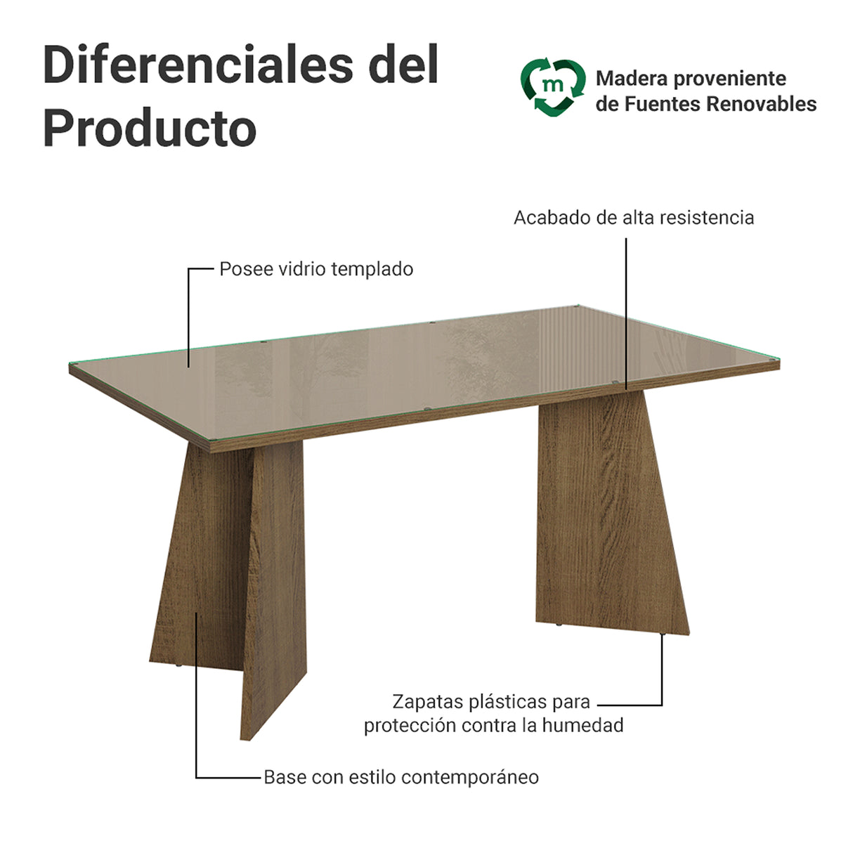 Mesa de Comedor Marrón y Crema 160x78cm Rectangular de Seis Puestos sin Sillas y con Vidrio