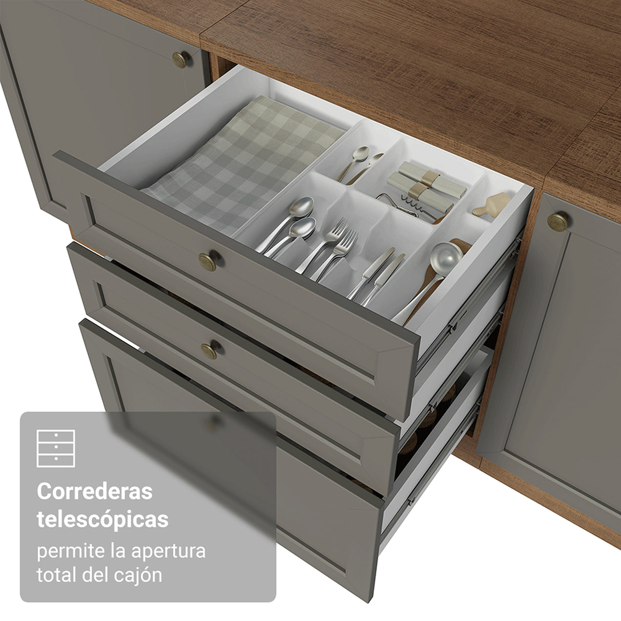 Módulo Para Microondas Vik Marrón y Gris 60x225cm con Una Puerta y con Tres Cajones