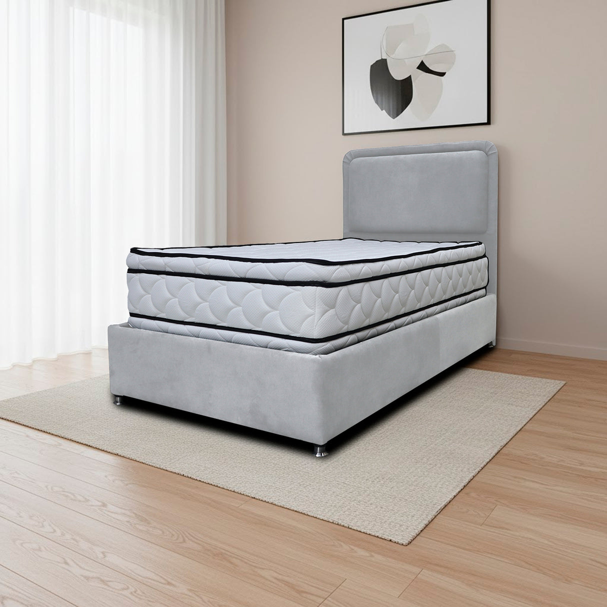 Combo Base Cama y Cabecero Nube Gris Claro 100x30cm para Colchón Sencillo 100 X 190 Cm con Colchón