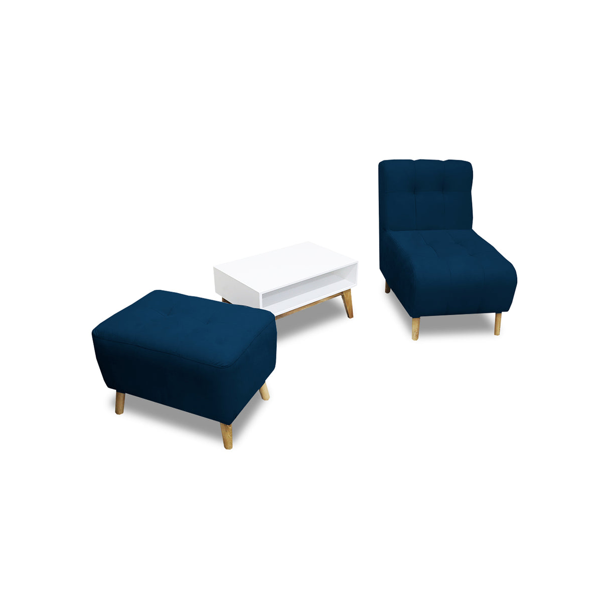 Combo Poltrona y Puff Milan Azul 60x95cm de Dos Puestos sin Apoya Brazos