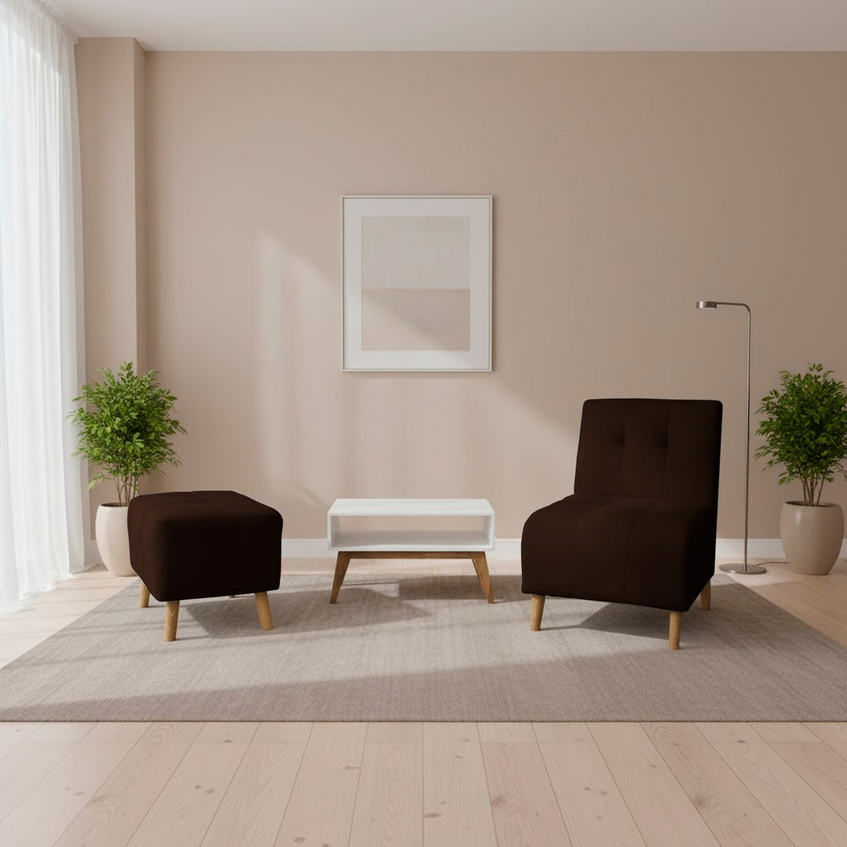 Combo Poltrona y Puff Milan Marron 60x95cm de Dos Puestos sin Apoya Brazos