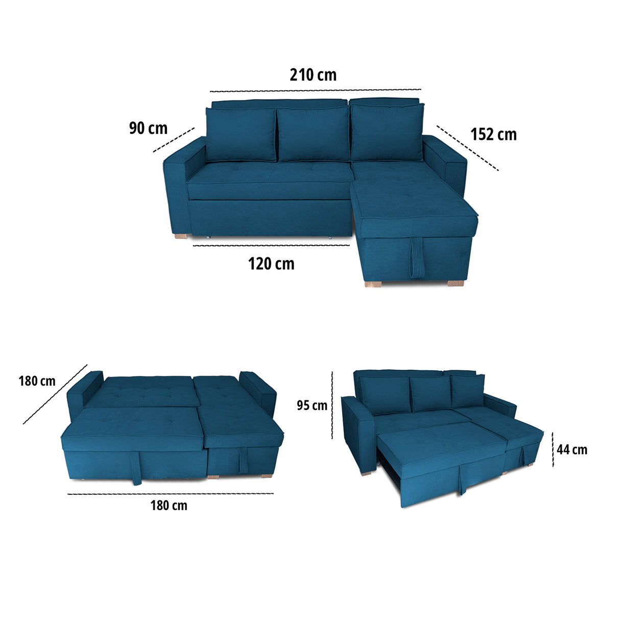 Sofá Cama Esquinero Marsella Azul Petróleo 210x95cm de Cinco Puestos Reclinable con Apoya Brazos