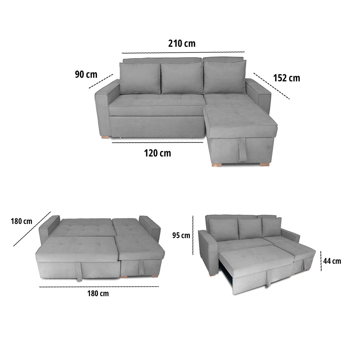 Sofá Cama Esquinero Marsella Gris 210x95cm de Cinco Puestos Reclinable con Apoya Brazos