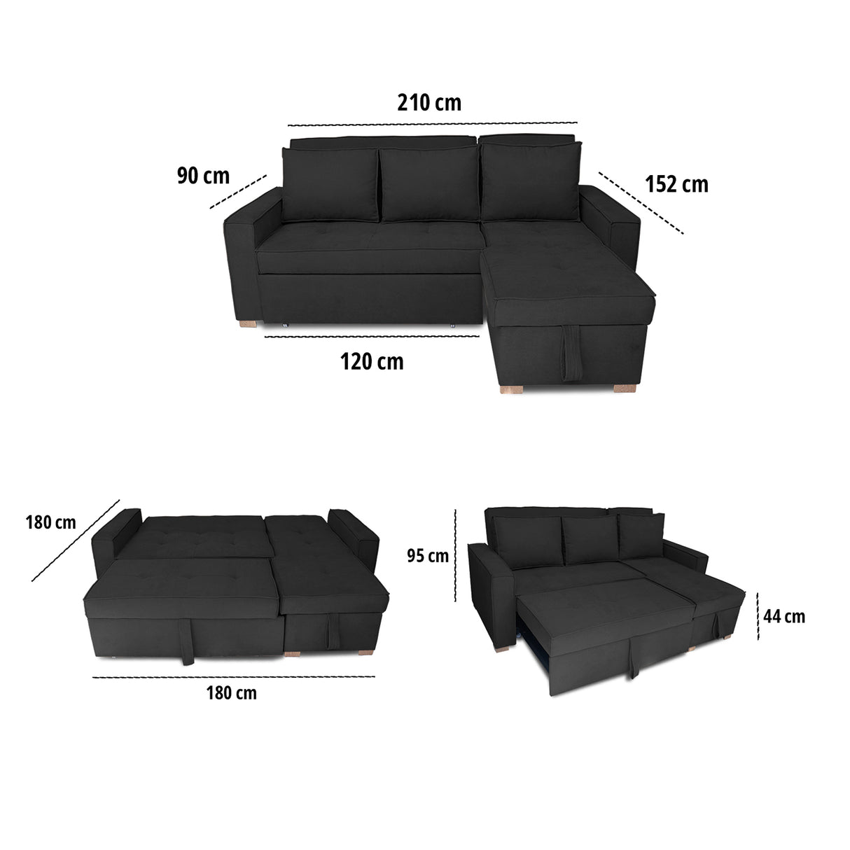 Sofá Cama Esquinero Marsella Negro 210x95cm de Cinco Puestos Reclinable con Apoya Brazos