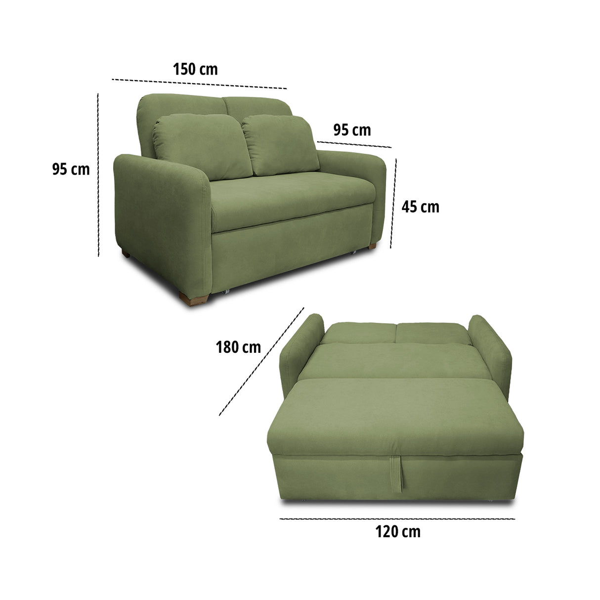Sofacama Nube Verde 120x95cm de Dos Puestos Reclinable con Apoya Brazos