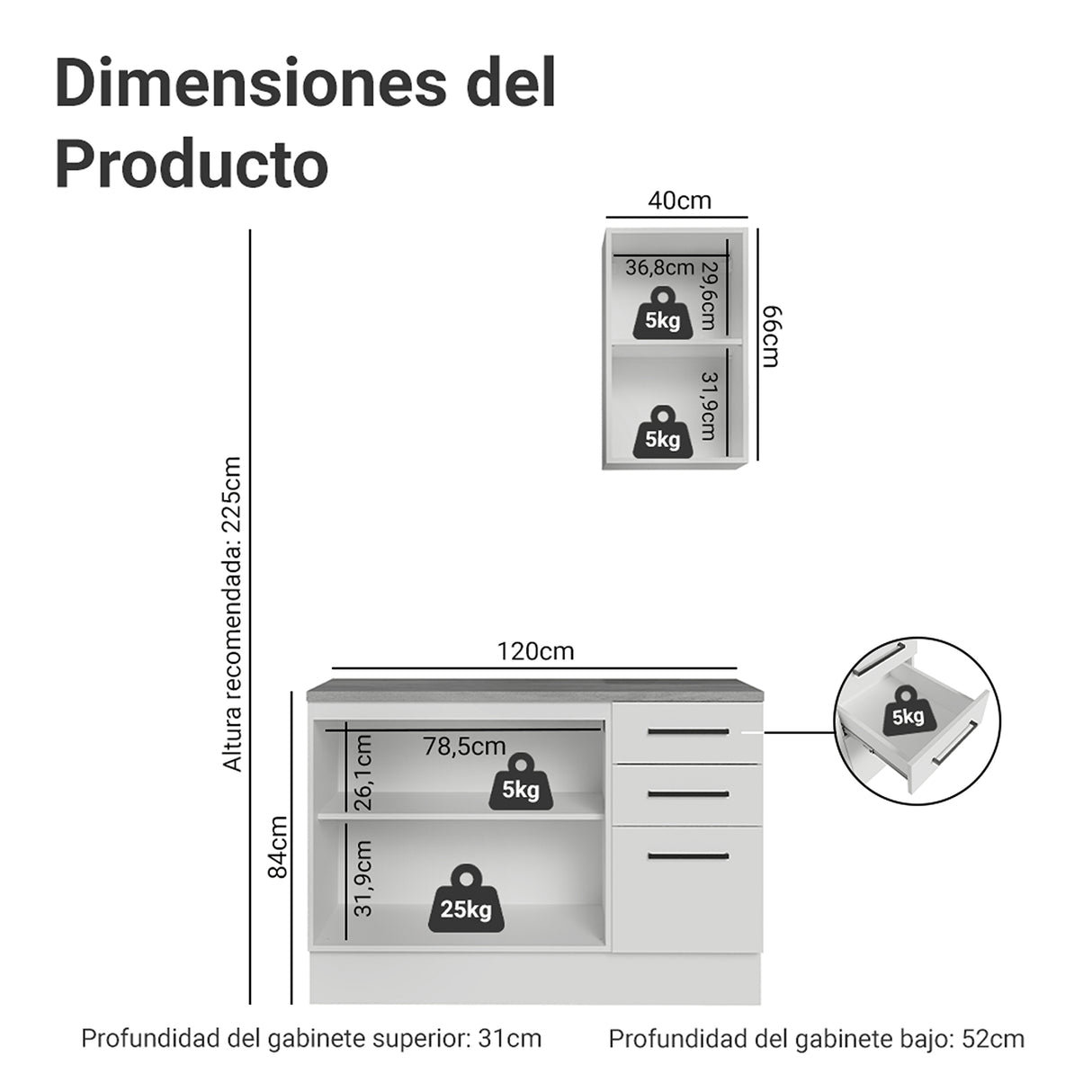 Mueble para Baño Agata Blanco 120x225cm Individual sin Lavamanos con Tres Cajones y Tres Puertas