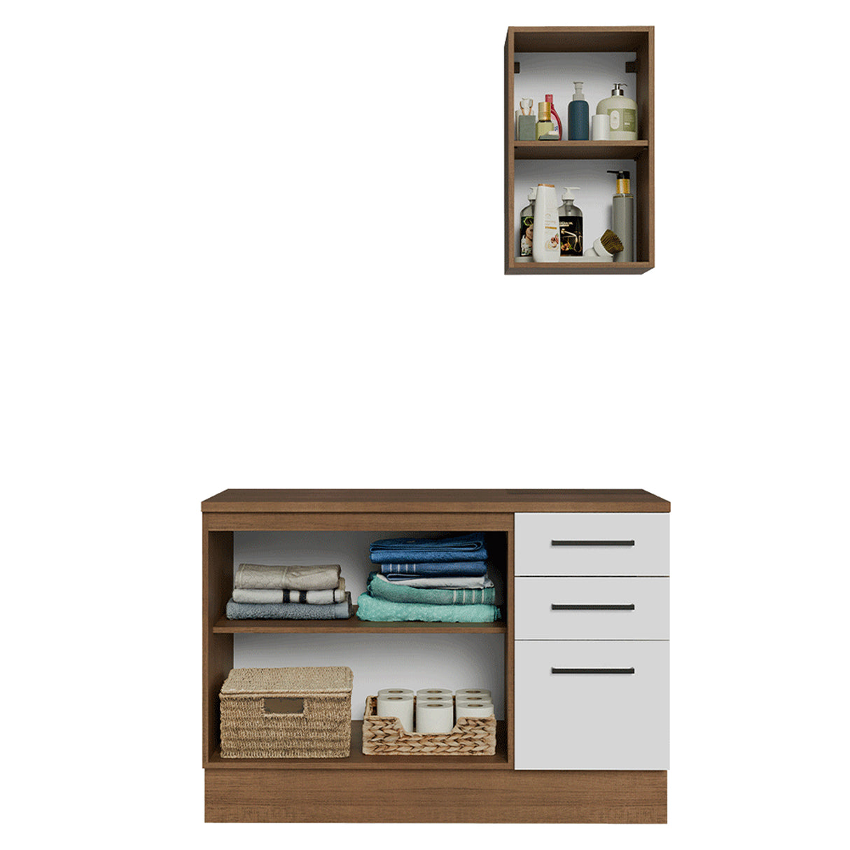 Mueble para Baño Agata Marrón y Blanco 120x225cm Individual sin Lavamanos con Tres Cajones y Tres Puertas