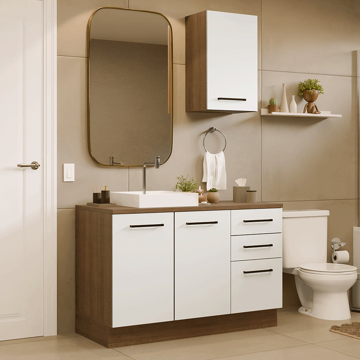Mueble para Baño Agata Marrón y Blanco 120x225cm Individual sin Lavamanos con Tres Cajones y Tres Puertas