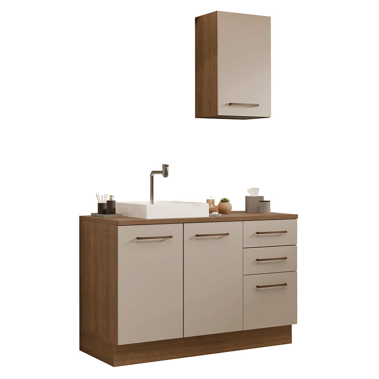 Mueble para Baño Agata Marrón y Crema 120x225cm Individual sin Lavamanos con Tres Cajones y Tres Puertas