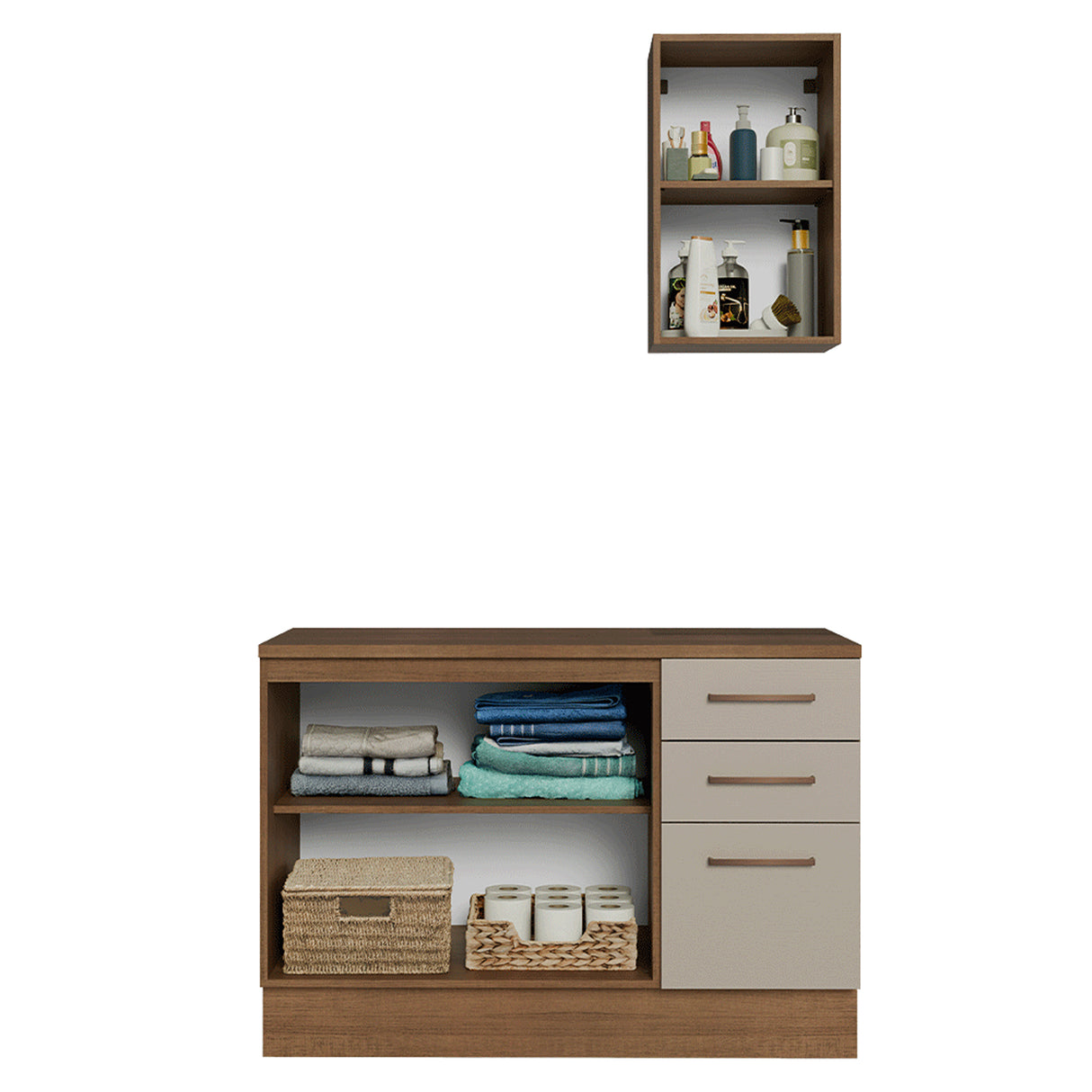 Mueble para Baño Agata Marrón y Crema 120x225cm Individual sin Lavamanos con Tres Cajones y Tres Puertas