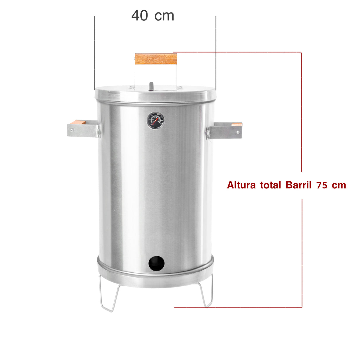 Barril Asador Plateado 40x75cm de 30 Libras con Termómetro y Control de Ventilación
